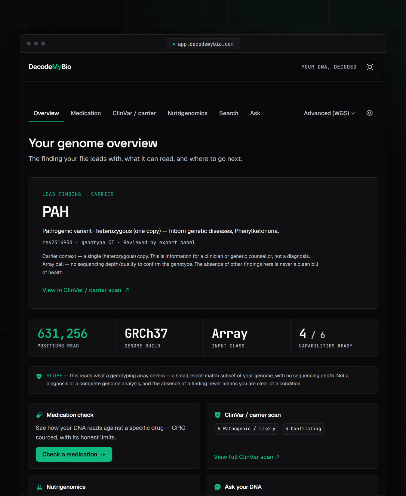 The DecodeMyBio app in a browser window: a genome overview with a lead carrier finding, positions read, genome build, and capability cards