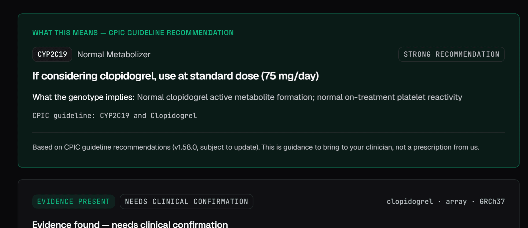 A medication check result in the app: a CPIC guideline recommendation card for clopidogrel with the CYP2C19 genotype reading
